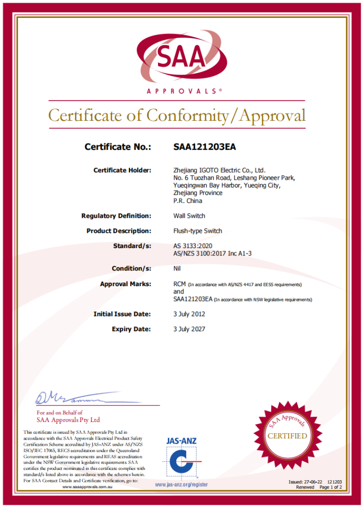 Austrailian Wall Switch Certification SAA - IGOTO