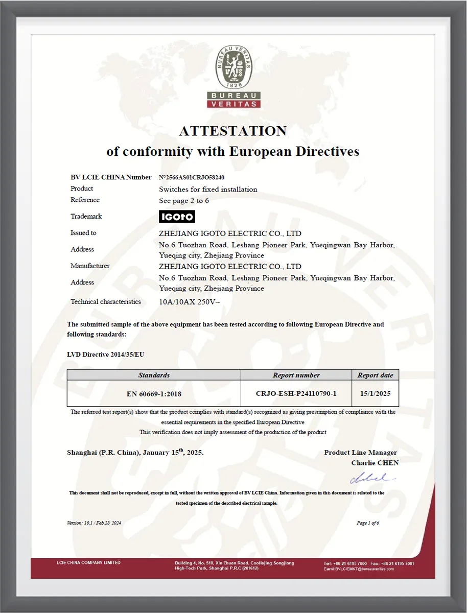 IGOTO CE LVD conformity attestation for fixed-installation switches