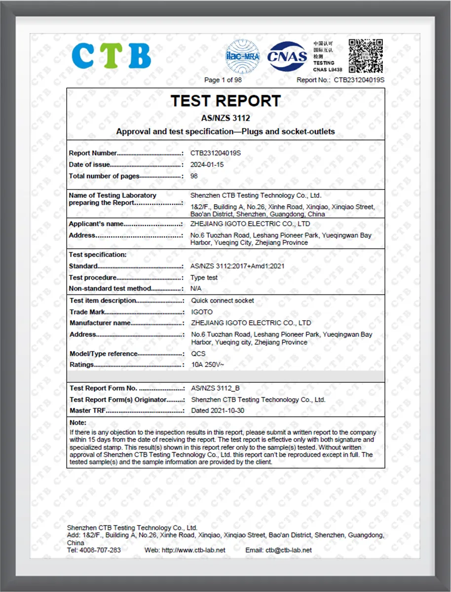 IGOTO AS/NZS 3112 test report for quick connect sockets