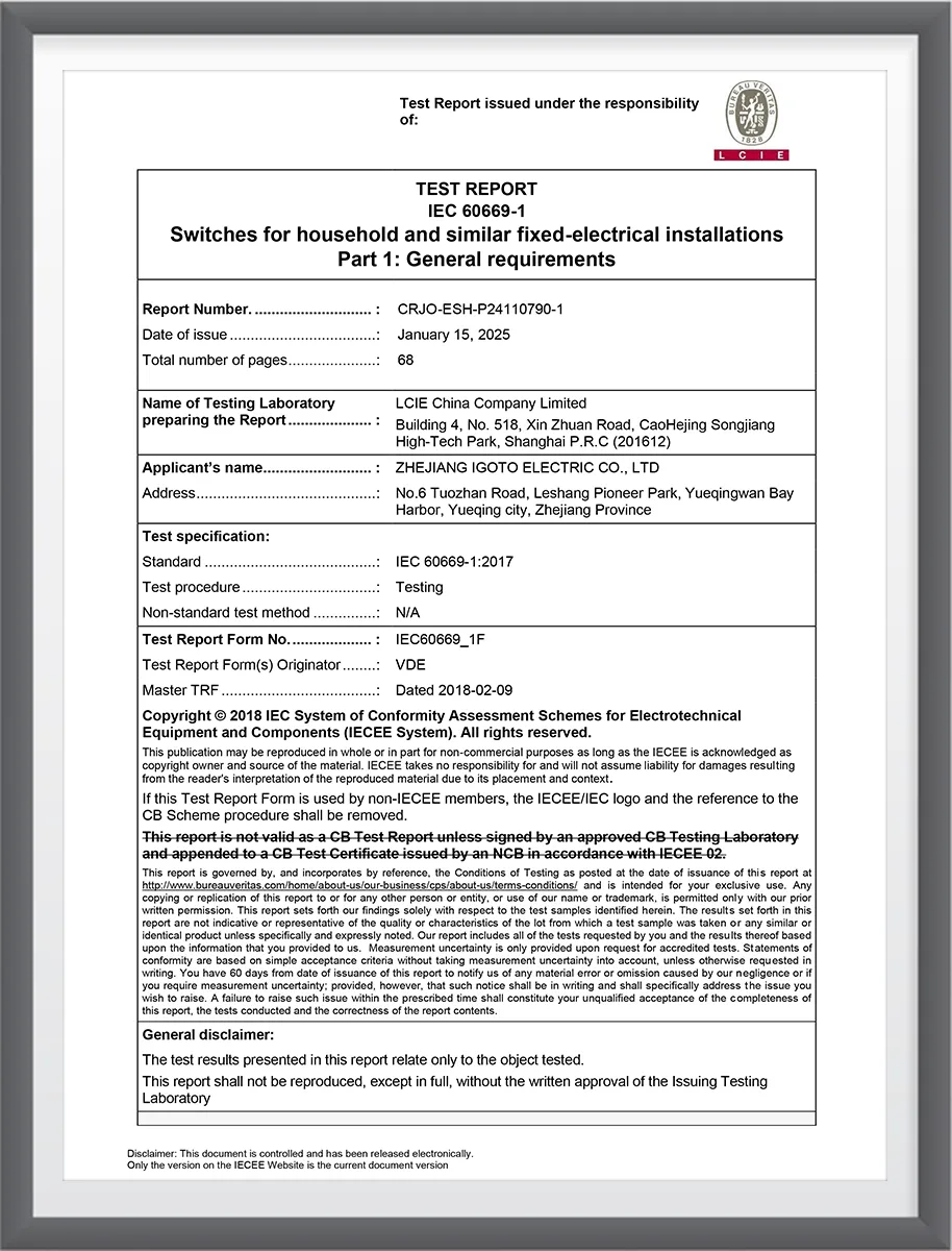 IGOTO IEC 60669-1 test report for fixed-installation switches