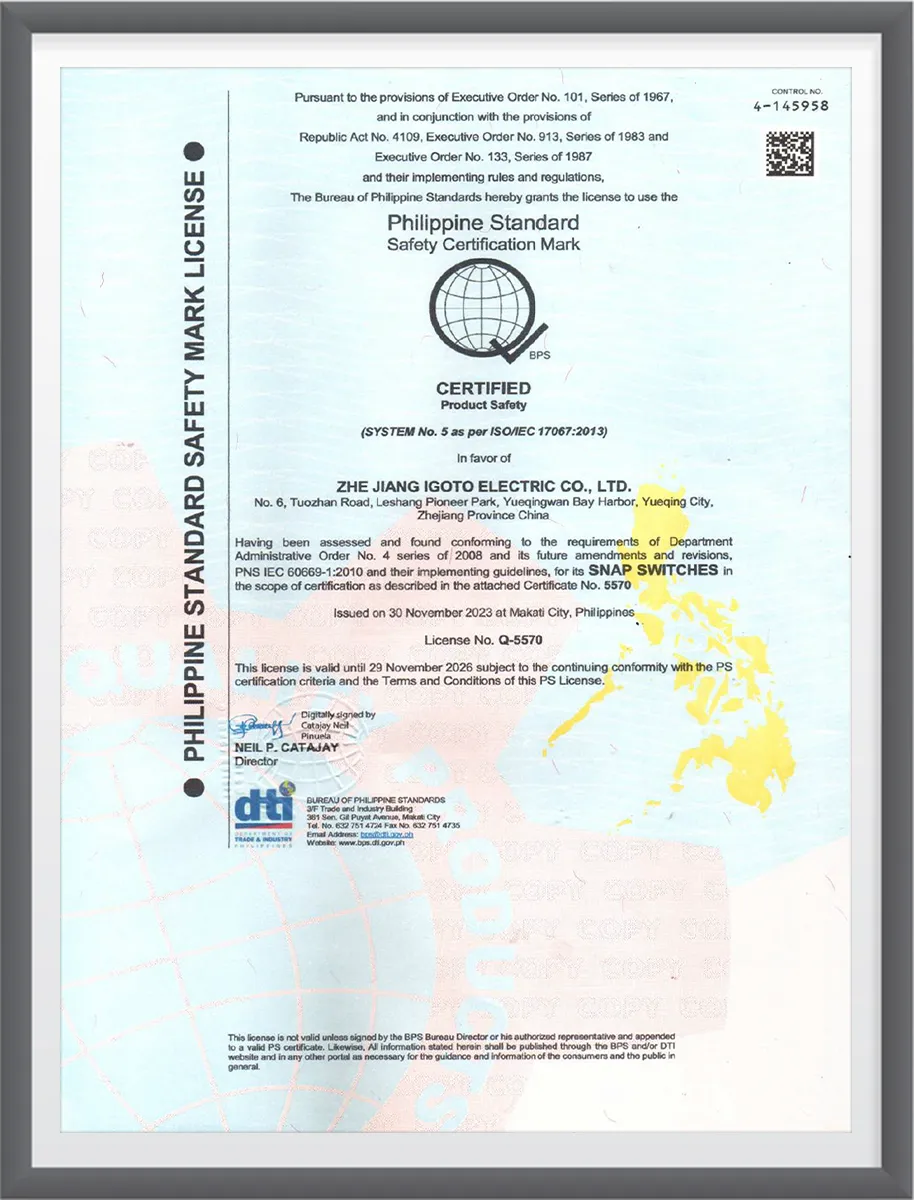 IGOTO Philippine Standard safety mark license for snap switches