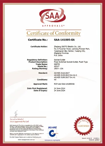 IGOTO SAA certificate for Australian standard switches and sockets
