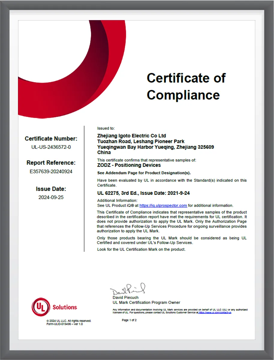 IGOTO UL certificate of compliance for positioning devices